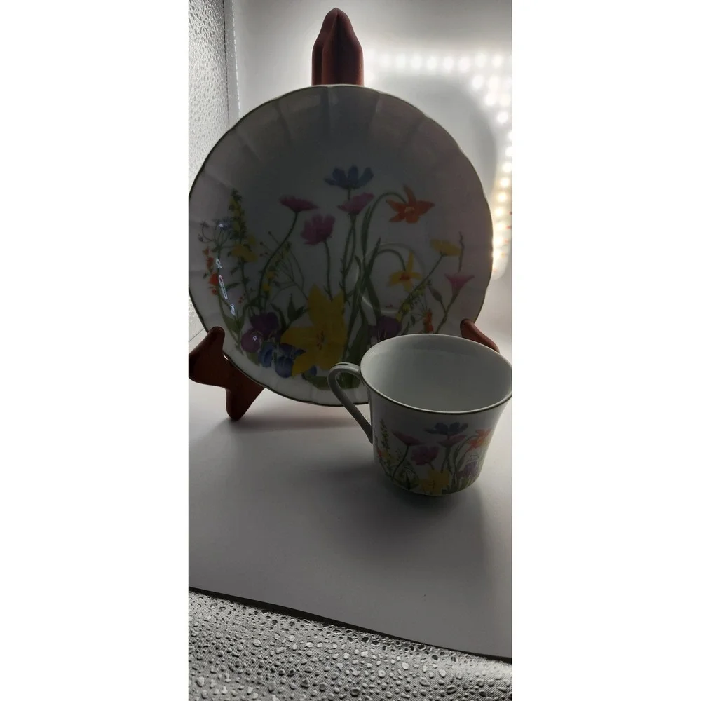 Seymour Mann Day Lily Snack Plate and Cup Set Floral Porcelain Scalloped Edge